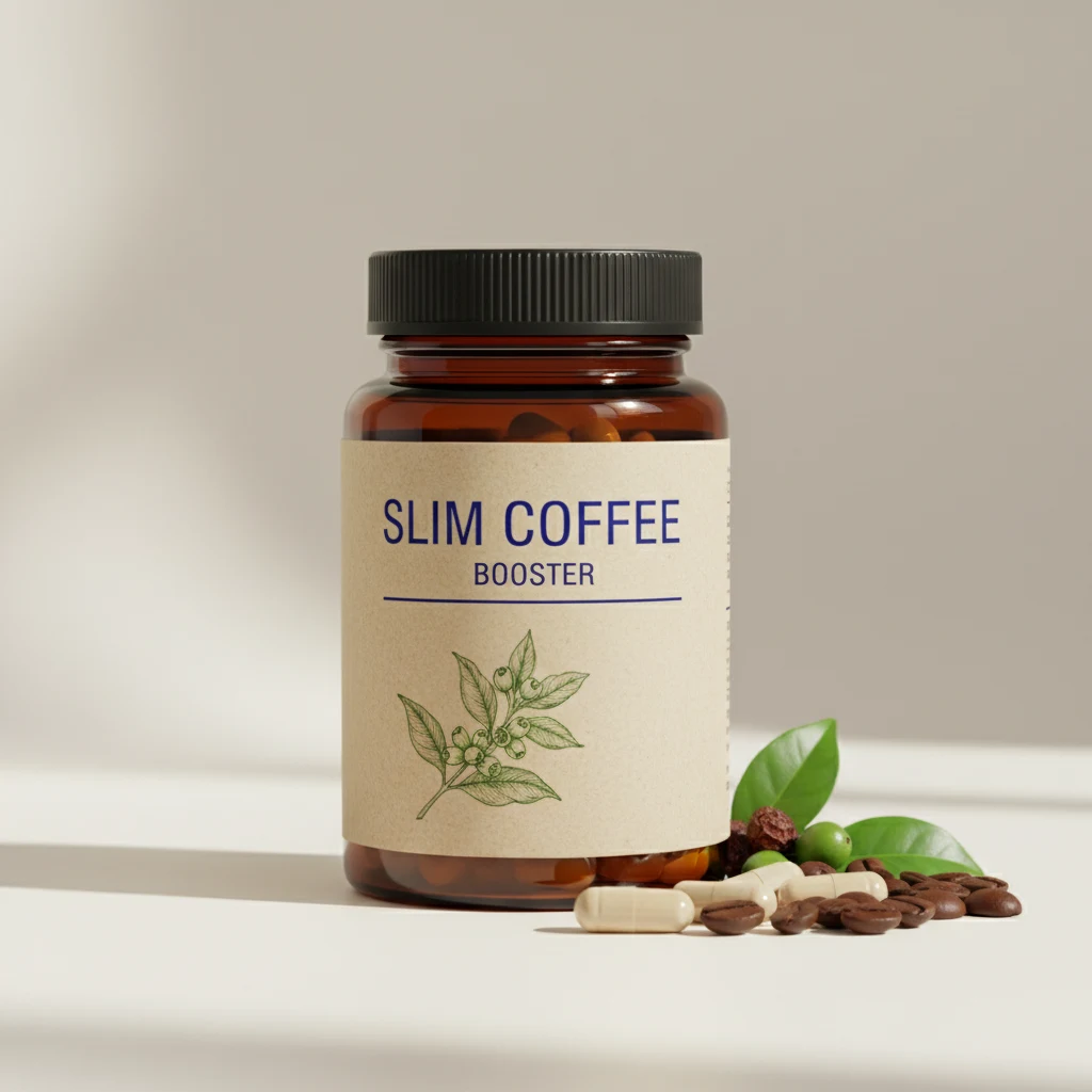 Slim Coffee Booster supplement box, dark charcoal with pink-gold lettering